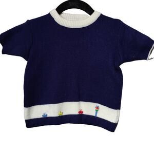 Vintage Baby Boys Sz 2 Navy and White Car Embroidered Short Sleeve Sweater